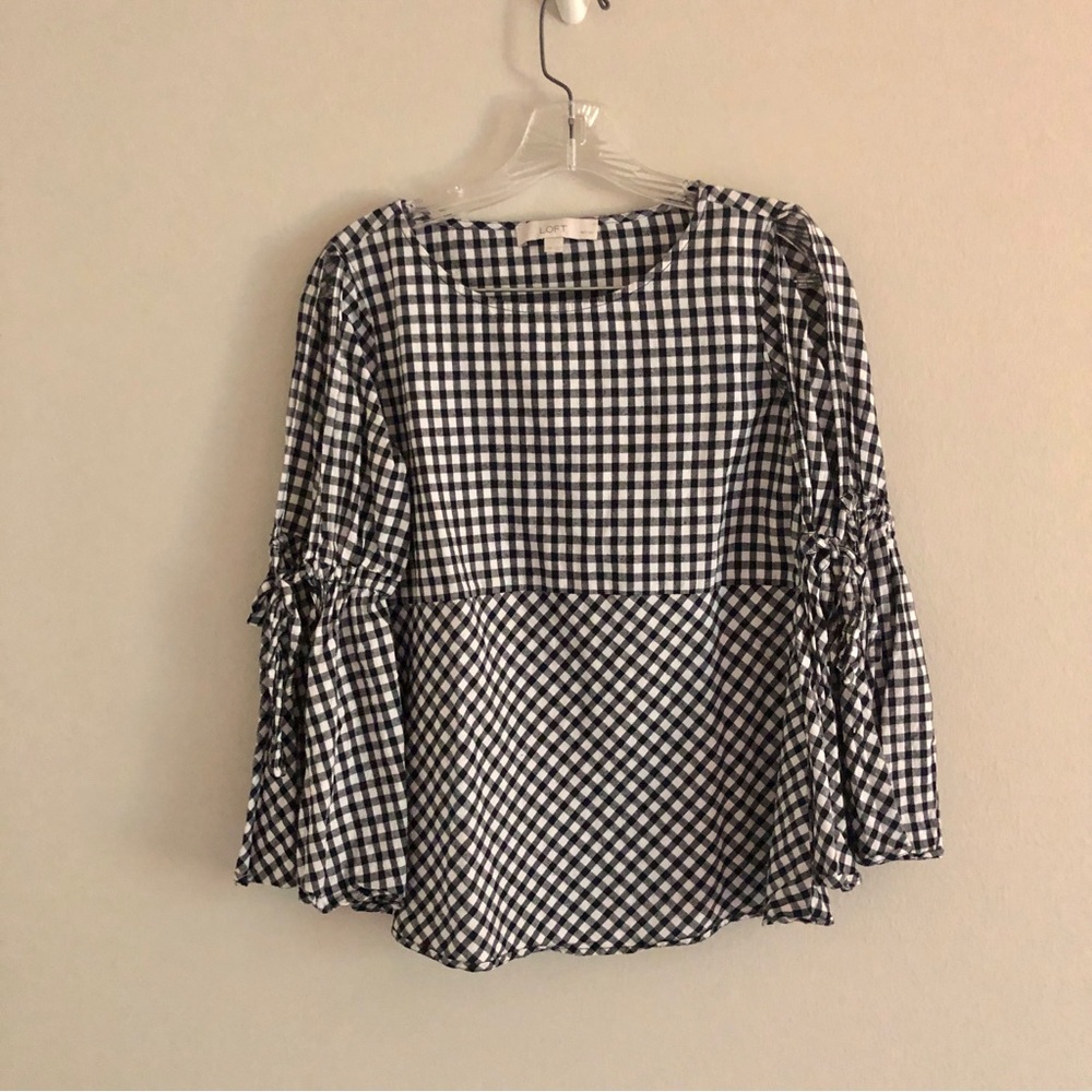 LOFT Petite Black and White Trumpet Sleeve Cold Shoulder Gingham Blouse - Picture 2 of 8